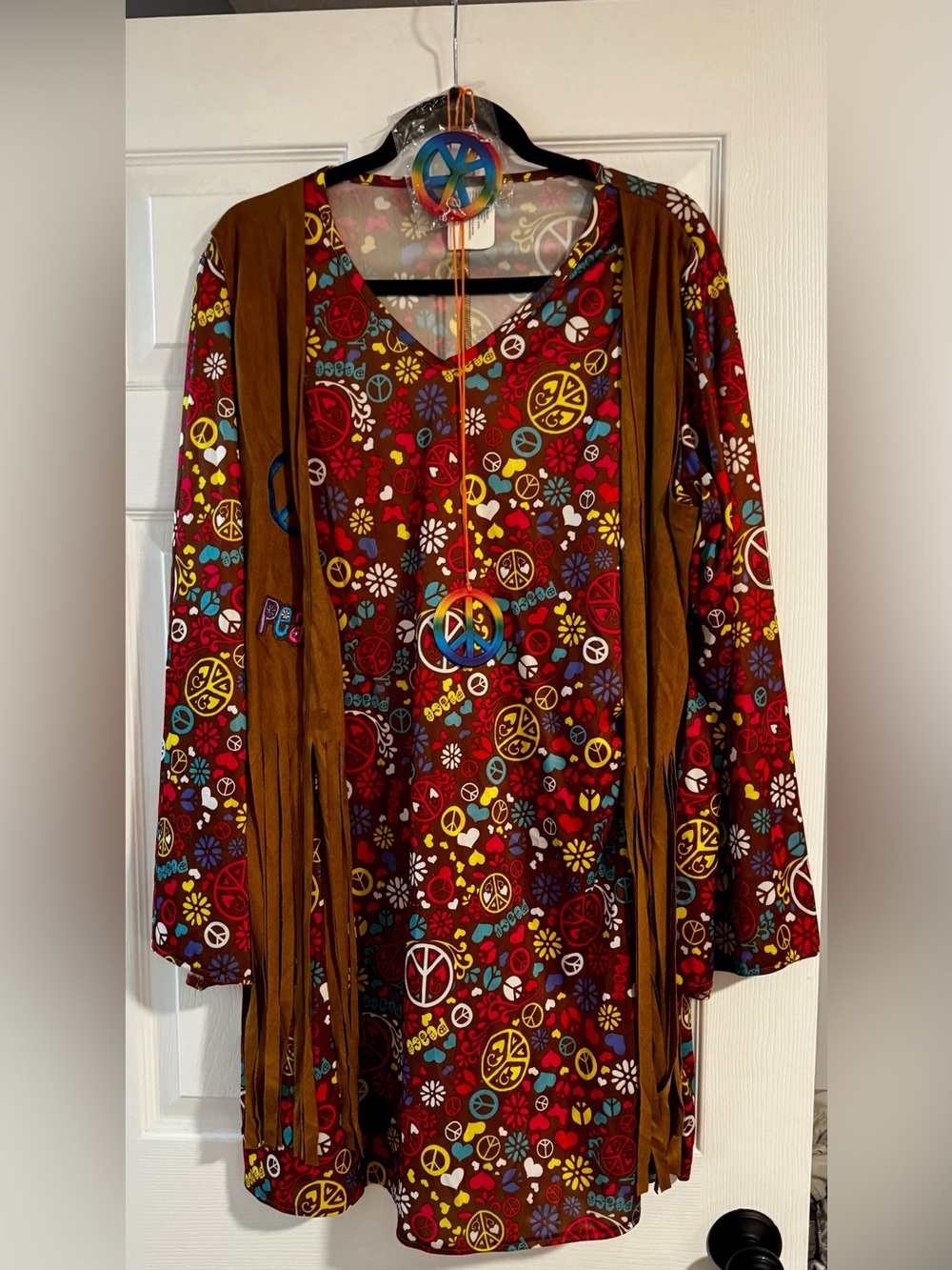 Hippie 60s Costume with Fringe Vest & Boot Covers Brown with accessories